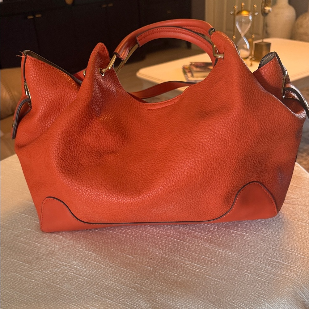 Women's Leather Tote Handbag - Orange